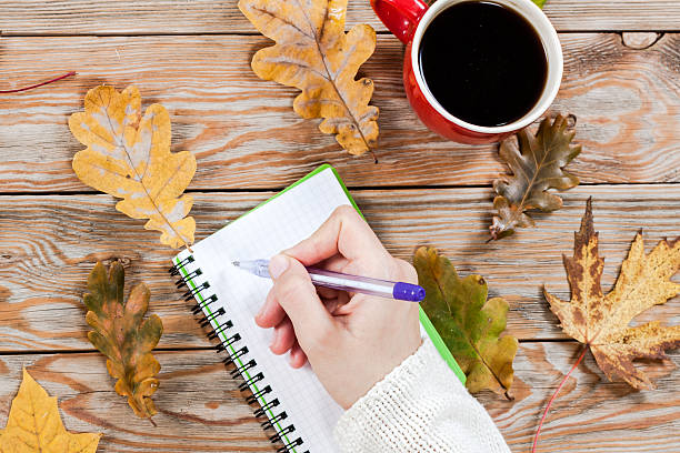 istock Coffee cup, notebook and autumn leaves 503924216