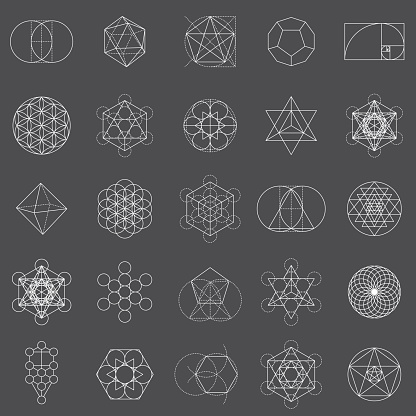 A set of sacred geometric icons. Sacred geometry is the belief that certain shapes prove that God created the universe according to a geometric plan. Download includes an AI10 vector EPS file as well as a high resolution JPEG (3,000 pixels in size).