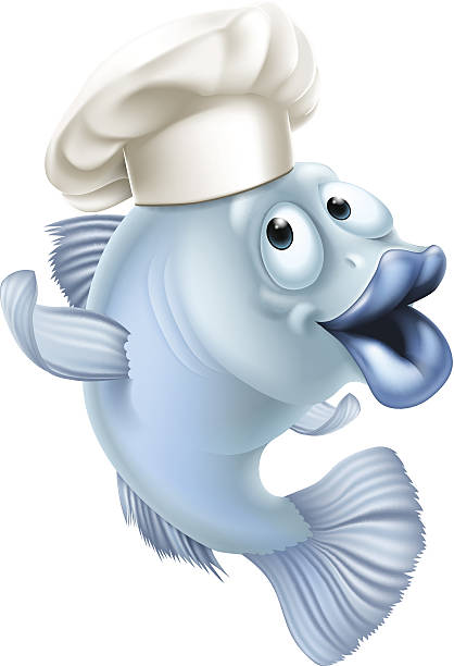 Cartoon fish wearing a chef hat An illustration of cartoon character fish wearing a chef hat and waving cartoon of fish with lips stock illustrations