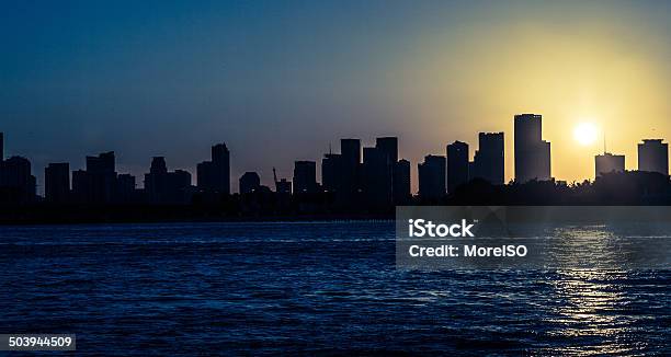 Miami Skyline At Sunset Stock Photo - Download Image Now - Architecture, Back Lit, Bay of Water