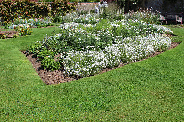 Park-like garden with colorful flowers and nice kept lawn. The house at the end of the garden.