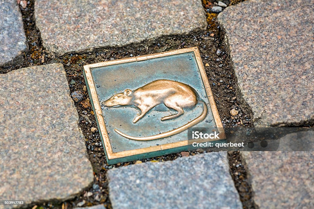 Rats motif as paving stone in Hameln (Germany) Course of the rat trace in Hameln. Hameln Stock Photo