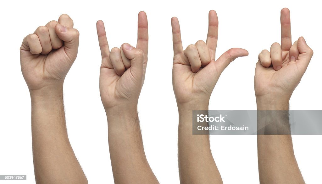 Four different hand signs isolated on white Rock Music Stock Photo