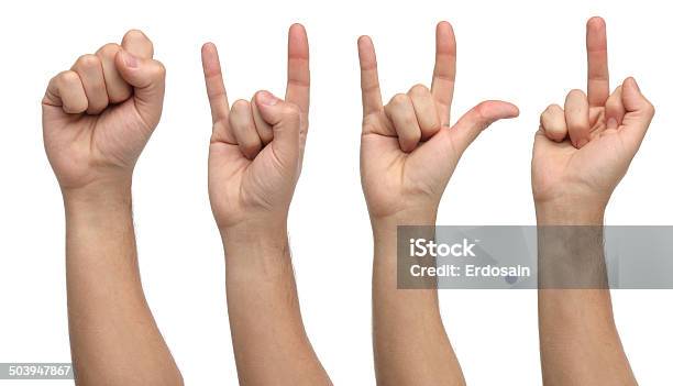 Four Different Hand Signs Isolated On White Stock Photo - Download Image Now - Rock Music, Violence, Hitting