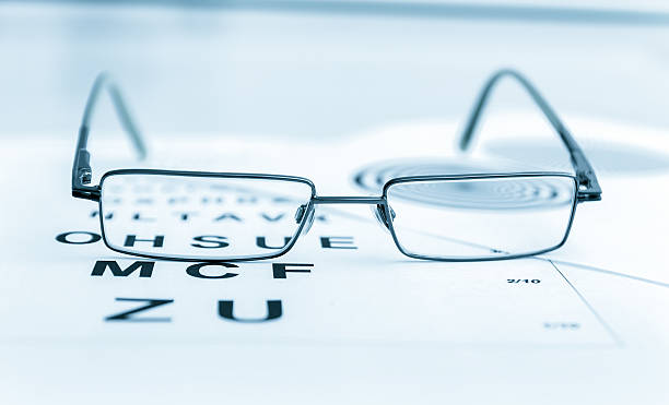 istock Clear Black modern glasses on a eye sight test chart 503948830