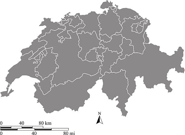 ilustraciones, imágenes clip art, dibujos animados e iconos de stock de suiza mapa del vector de contorno con escalas de kilómetros y kilómetros/3 millas - cantón de basilea campiña