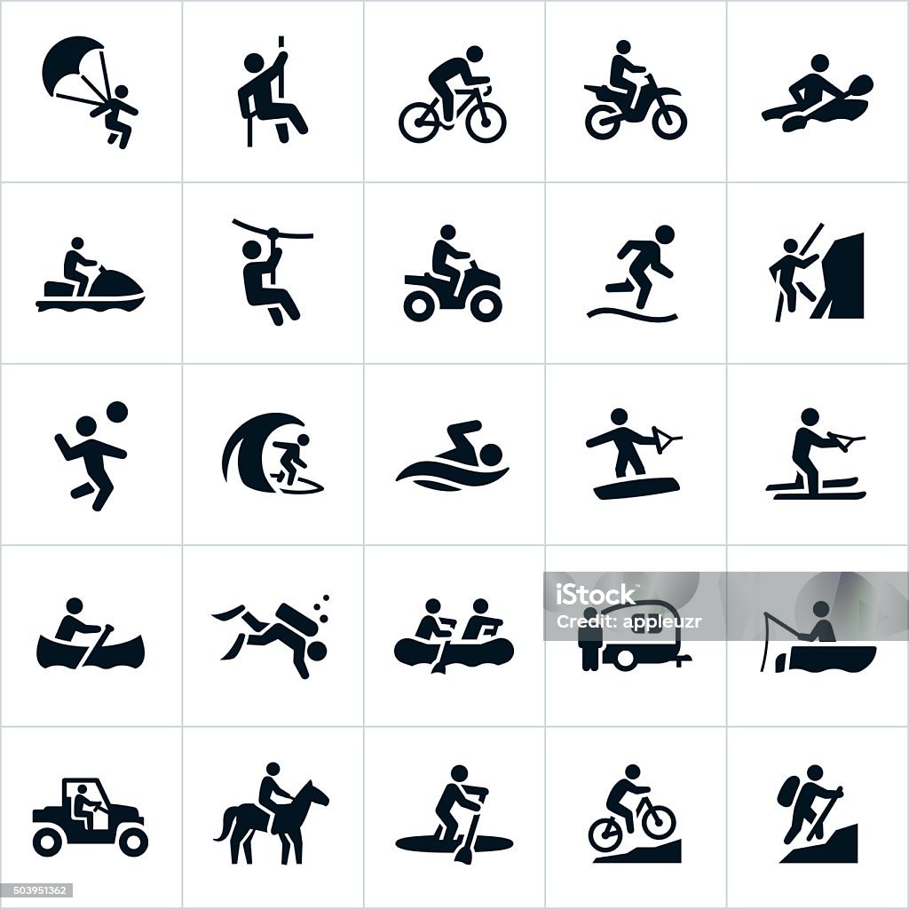 Outdoor Summer Recreation Icons Icons depicting outdoor recreation activities performed in the summertime. The icons represent several common and popular activities that people take part in for fun. They include parasailing, rappelling, cycling, motorcycles, four wheelers, kayaking, watercraft, zip line, running, mountain climbing, volleyball, surfing, swimming, wake boarding, water skiing, canoeing, scuba diving, rafting, RV, camping, fishing, ATV, UTV, paddle boarding, mountain biking and hiking. Icon stock vector