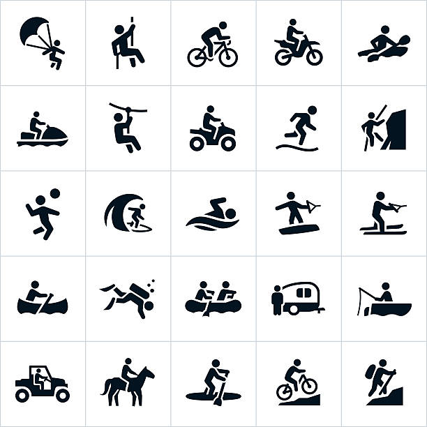 Outdoor Summer Recreation Icons Icons depicting outdoor recreation activities performed in the summertime. The icons represent several common and popular activities that people take part in for fun. They include parasailing, rappelling, cycling, motorcycles, four wheelers, kayaking, watercraft, zip line, running, mountain climbing, volleyball, surfing, swimming, wake boarding, water skiing, canoeing, scuba diving, rafting, RV, camping, fishing, ATV, UTV, paddle boarding, mountain biking and hiking. recreational pursuit illustrations stock illustrations