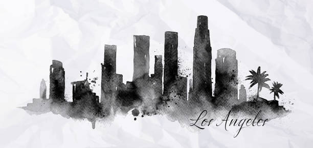 Silhouette ink Los Angeles Silhouette of Los Angeles city painted with splashes of ink drops streaks landmarks drawing in black ink on crumpled paper paint silhouettes stock illustrations