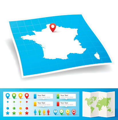 Map of France with design elements, isolated on white background.