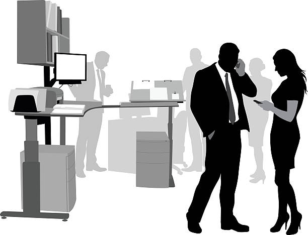 Trendy Office Stand Up Desk A vector silhouette illustration of people working near a stand-up desk using their smartphones. A business man talks onthe phone and a young woman texts near a desk where there is a printer, computer, monitor, filing cabinets, and bookshelf. factory worker silhouette stock illustrations