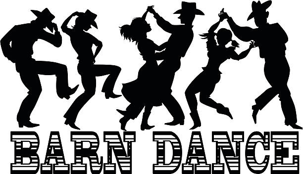 Barn Dance Silhouette Black vector silhouette of three couples in western style clothes dancing, banner Barn Dance at the bottom, no white objects, EPS 8 cowgirl stock illustrations