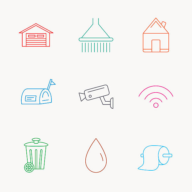 Wi-fi, video monitoring and real estate icons. Wi-fi, video monitoring and real estate icons. Toilet paper, shower and water drop linear signs. Trash, garage flat line icons. Linear colored icons. minimum estate stock illustrations