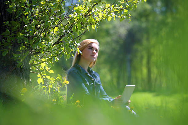 istock Young woman using tablet in park 503960528
