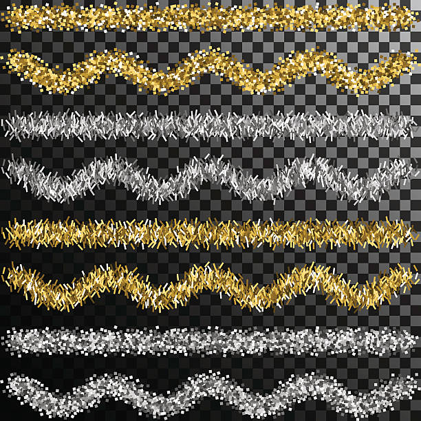 Christmas tree tinsel. Gold and silver decoration Tinsel for christmas tree. Gold and silver isolated decoration. Straight and curved festive frippery. silver tinsel christmas tree stock illustrations