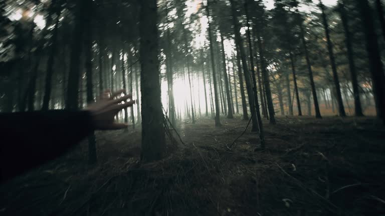 POV Frightened man running in the forest