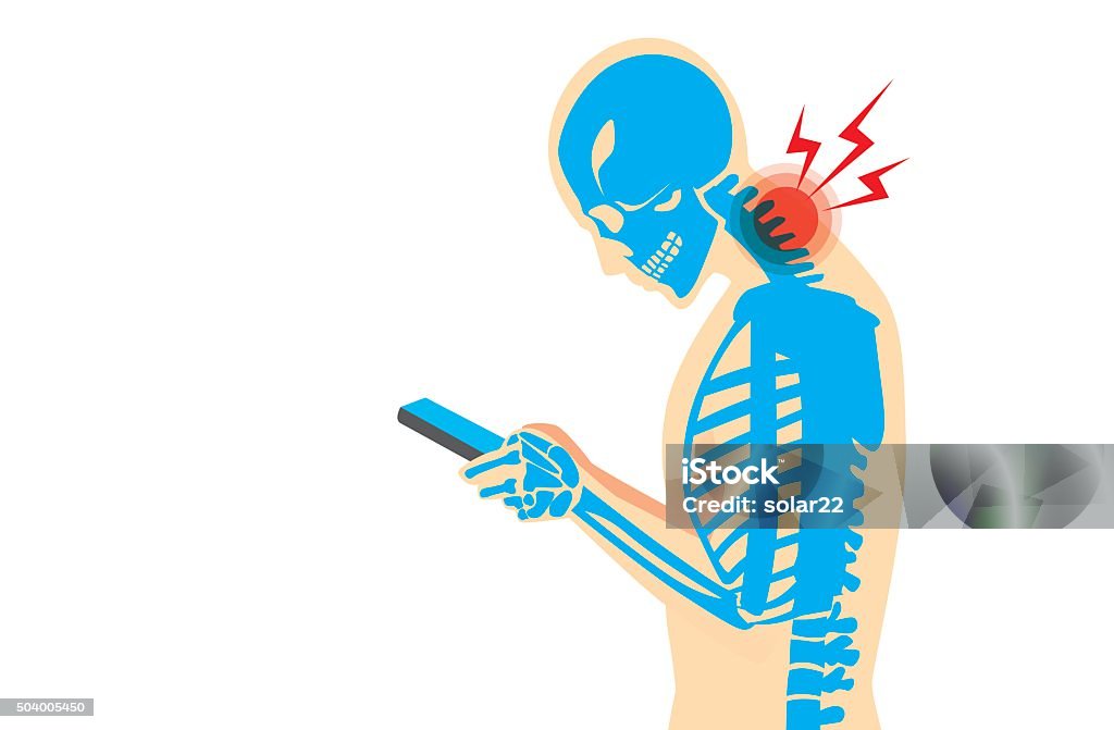 Neck Pain from Smartphone Neck bone and muscles have pain because smartphone addiction and play long time. Technology stock vector