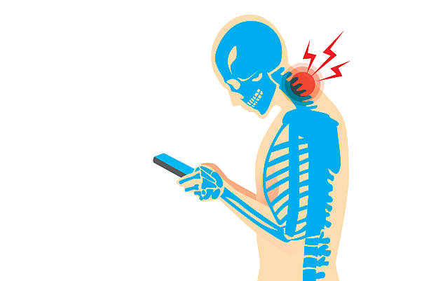 Neck Pain from Smartphone Neck bone and muscles have pain because smartphone addiction and play long time. human neck illustrations stock illustrations