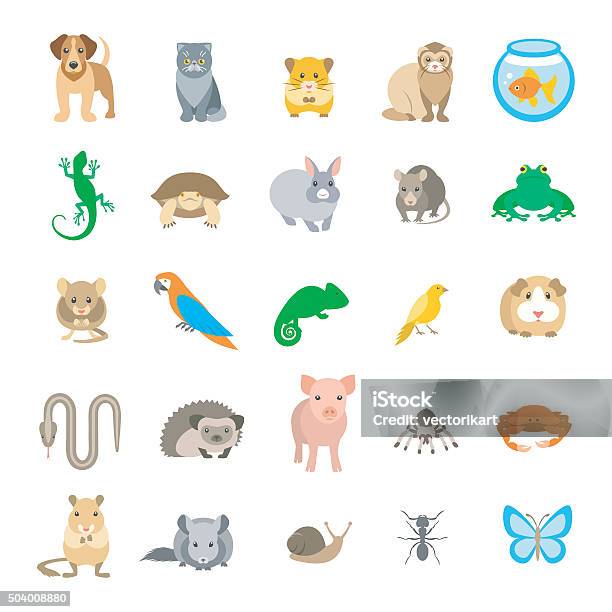 Animals Pets Vector Flat Colorful Icons Set Isolated On White Stock Illustration - Download Image Now