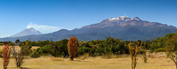Popocatepetl and Iztaccihuatl. Mexico volcanoes. Panoramic view from Eagle Pass