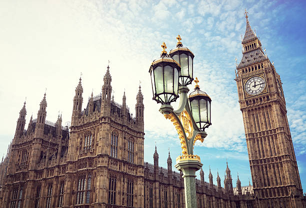 Big Ben and the houses of parliament in London Big Ben in London with the houses of parliament and ornate street lamp parliament square stock pictures, royalty-free photos & images