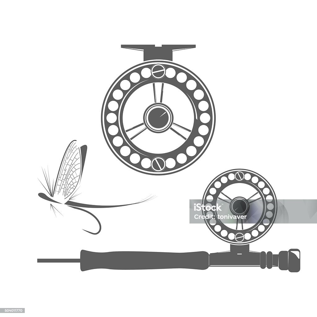 Fishing reel icons Fishing reel and fly icon on the white background Fly-fishing stock vector