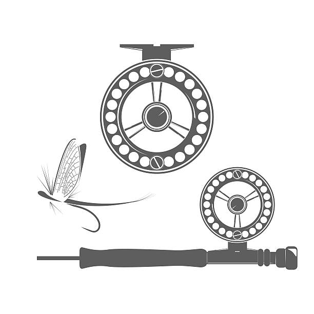 Fishing reel icons Fishing reel and fly icon on the white background fly fishing stock illustrations