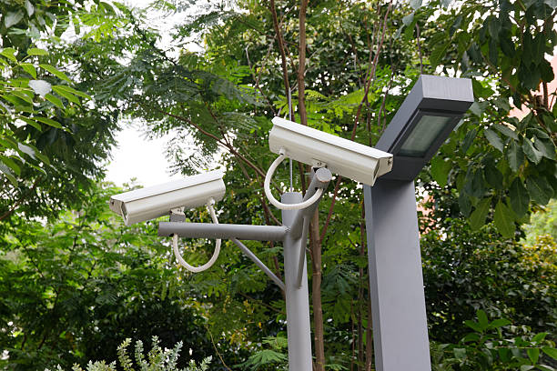 istock Two surveillance cameras looking in opposite directions on tree background 504015836
