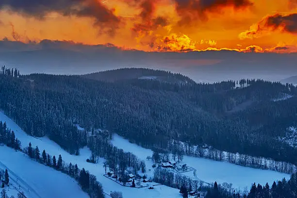 View of the winter landscape with sunset