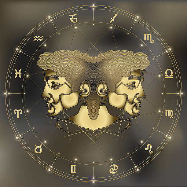 Golden twins portrait, zodiac Gemini sign Golden twins, zodiac Gemini sign for astrological predestination and horoscope janus head stock illustrations