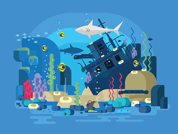 zagłębiony statku w wodzie - animal animal themes sea below stock illustrations