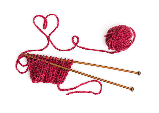 istock Knitting pattern on wooden needles of woolen threads 504017498