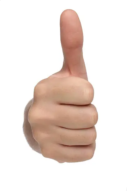 Photo of Male hand sign with thumb up. Isolated