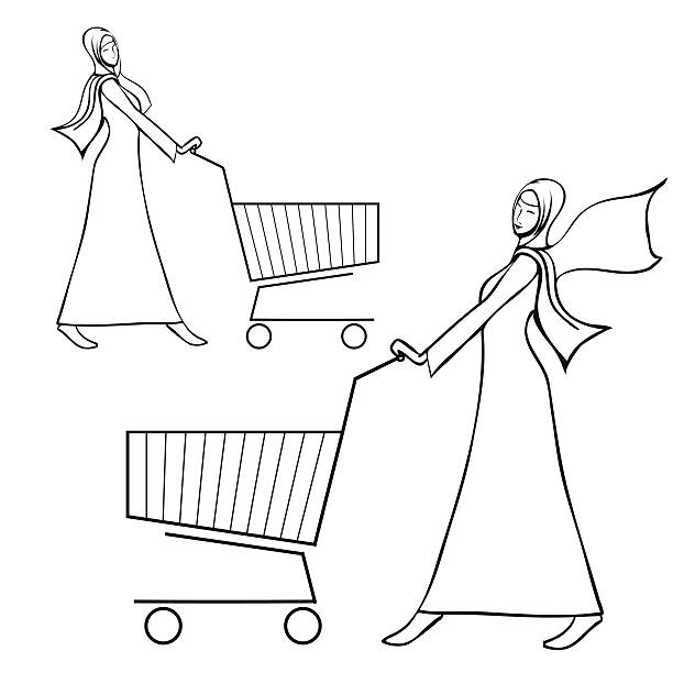 abaya 편하고 아랍인 여자 탈거됩니다 a 쇼핑카트 - go cart stock illustrations
