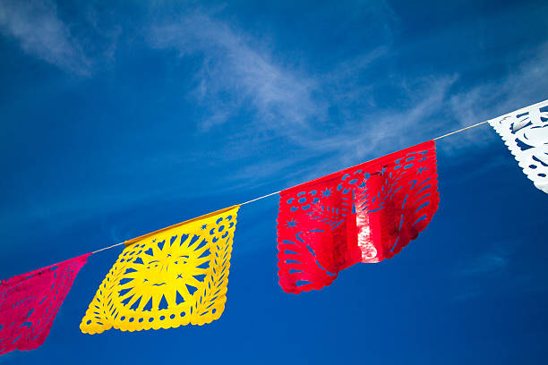 Brightly-colored Mexican fiesta flags fly against a blue sky.
