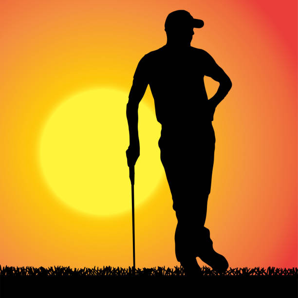 wektor sylwetki człowieka, gra w golfa. - golf golf flag sunset flag stock illustrations