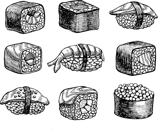 vektor hand gezeichnete sushi set. retro-skizze illustration. - sushi japanese culture food domestic kitchen stock-grafiken, -clipart, -cartoons und -symbole