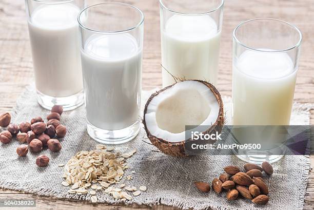 Different Types Of Nondairy Milk Stock Photo - Download Image Now - Milk, Almond, Coconut Milk