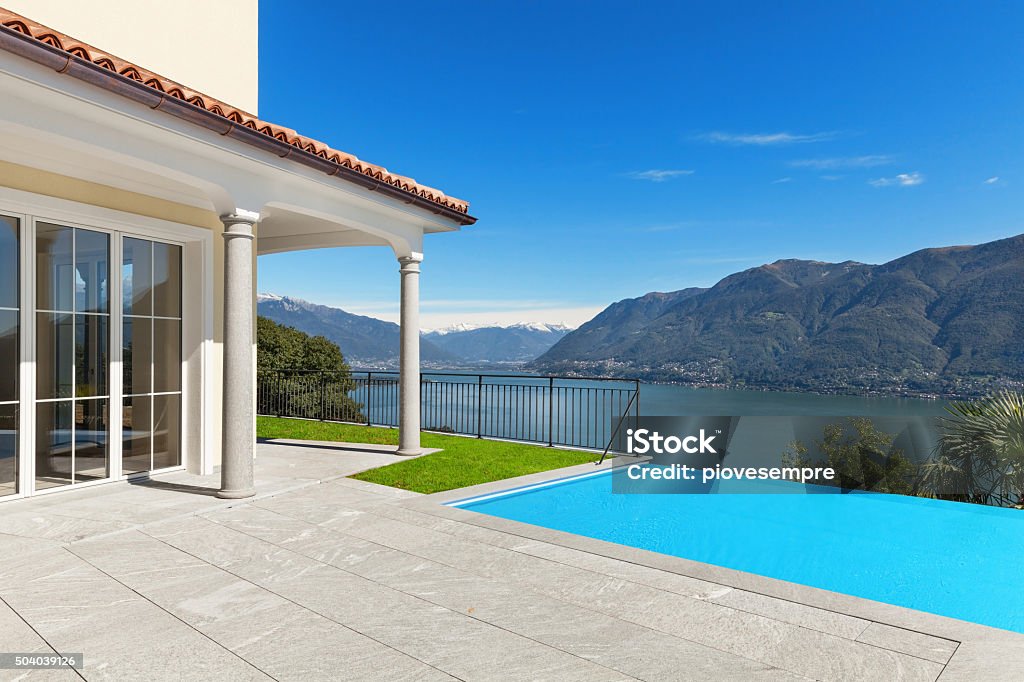 Terrace of an a house, exterior Lake Maggiore, view from the terrace of an a house Patio Stock Photo