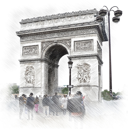 Paris, France - Triumphal Arch (Arc de Triomphe). Illustration in draw, sketch style.