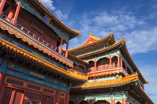 Temple building structures of the tibetan buddhist Yonghe temple in Beijing, China.