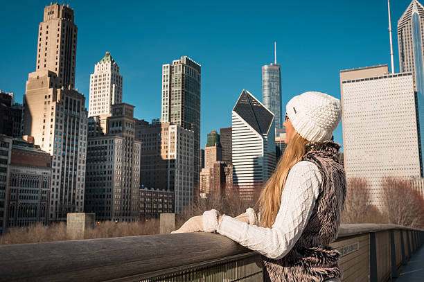 Girl in Chicago downtown stock photo
