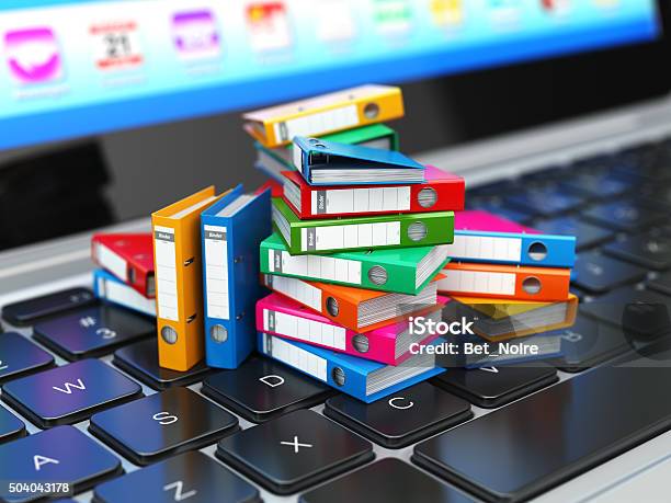 Database Or Archive Concept Data Storage Laptop And File Cabin Stock Photo - Download Image Now