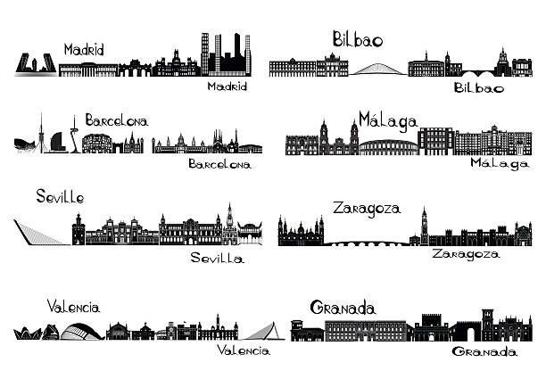 Silhouette signts of 8 cities of Spain Silhouette signts of 8 cities of Spain - Madrid, Barcelona, Seville, Valencia, Bilbao, Malaga, Zaragoza, Granada museo del prado stock illustrations