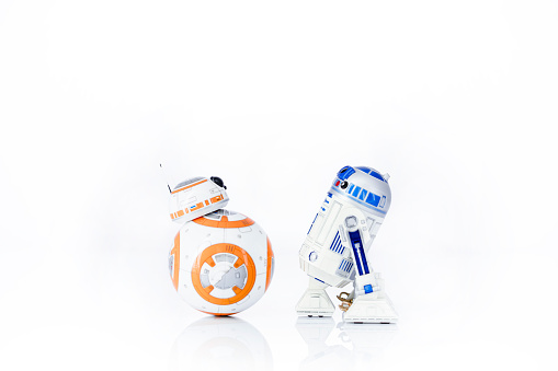 istanbul, Turkey - December 13, 2015: Portrait of BB-8 and R2-D2, Star Wars movie characters. BB-8 appears in The Force Awakens episode