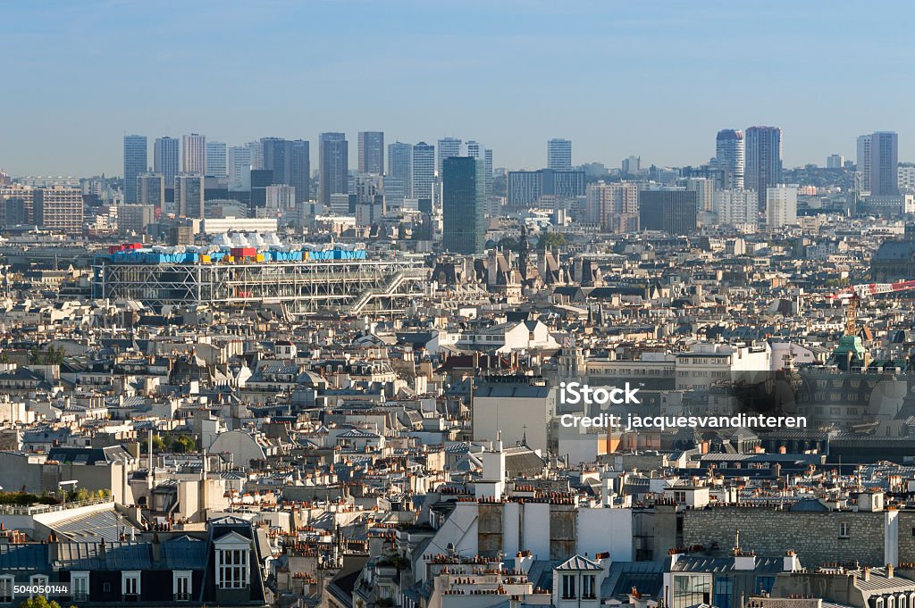 Panorama of Paris, France Panorama of Paris. Photo was taken in Montmartre quarter, looking in southern direction. Musée Pompidou (beaubourg) is visible and many skyscrapers in the distance. Pompidou Center Stock Photo