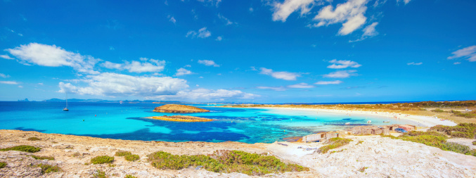 Panoramic view over Formentera´s most beautiful and famous beach, Playa de ses Illetes.