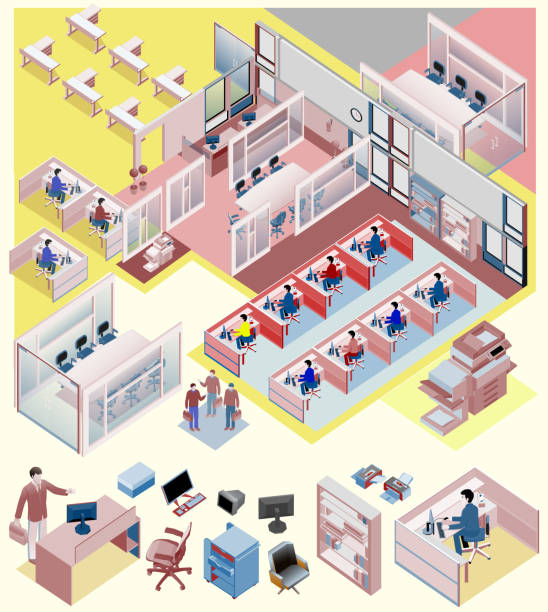 세트마다 배송함 제품의 등각투영 vector. 휴미더, 직원, 관리자, 영업 - construction house indoors vehicle interior stock illustrations