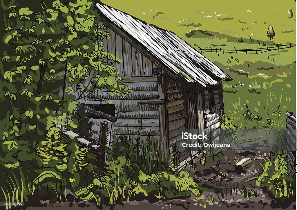 Cabaña de madera en el campo y está rodeado de exuberante vegetación - arte vectorial de Aire libre libre de derechos