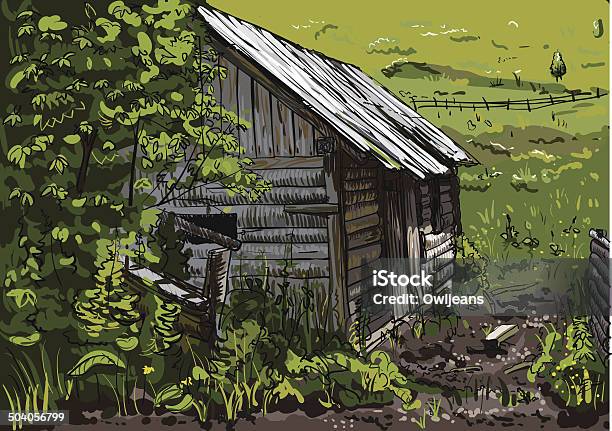 Wooden Hut In The Countryside Surrounded By Lush Greenery Stock Illustration - Download Image Now